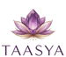 Logo of TAASYA for natural gemstones with a purple crystal and lotus flower design on a transparent background.
