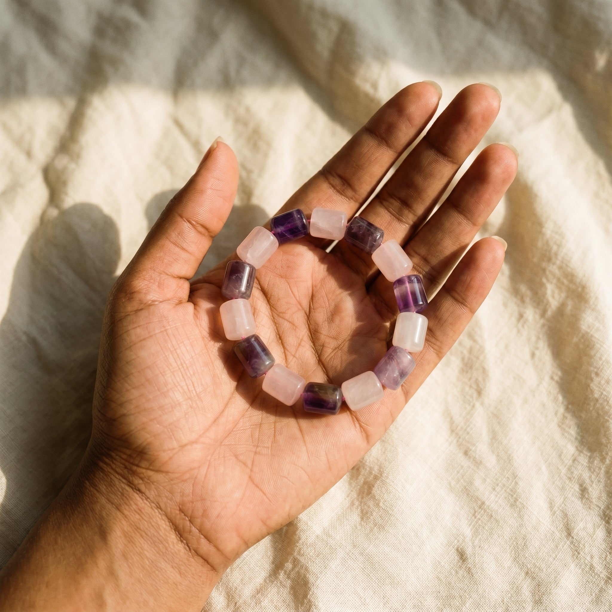 Rose Quartz + Amethyst Barrel Bracelet