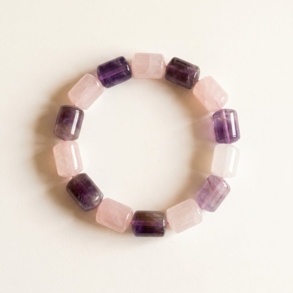 Rose Quartz + Amethyst Barrel Bracelet