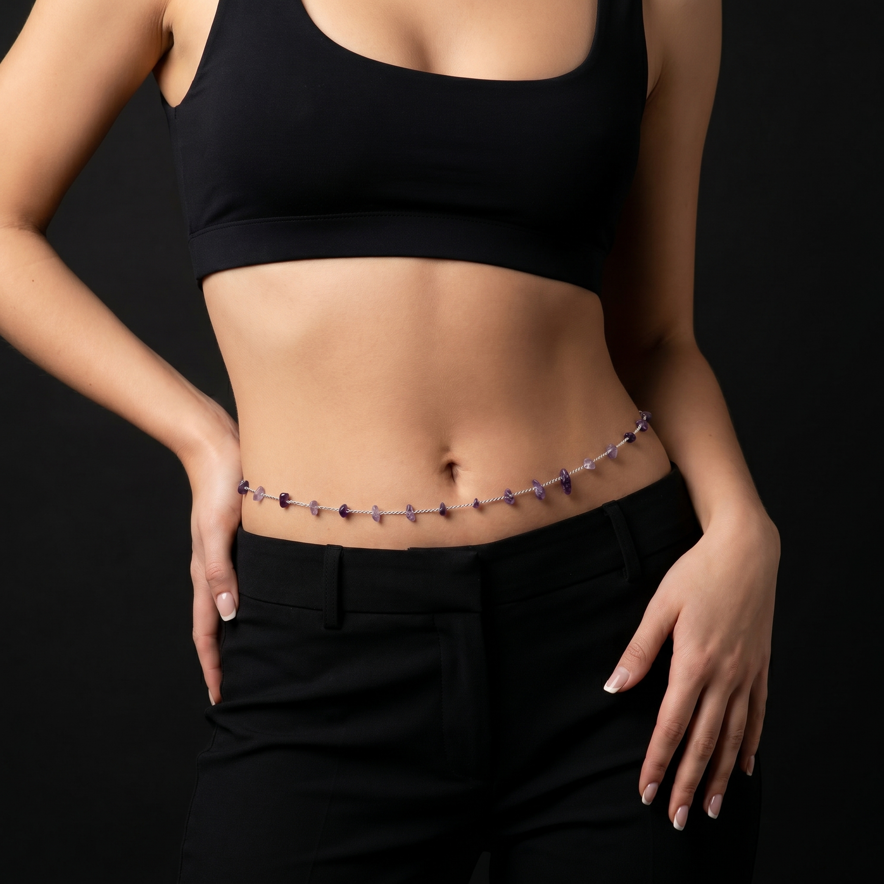 Model wearing an amethyst gemstone waist chain